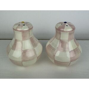 Mackenzie Childs Rosy Check Salt and Pepper Shakers Set Pink White Set Ship Asap